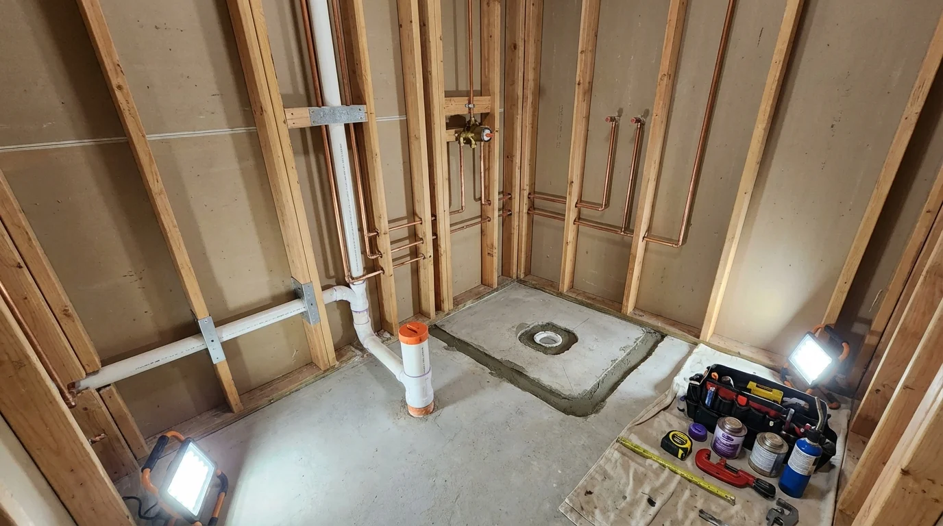 Bathroom rough-in plumbing during remodel by Johns Plumbing LLC in Wallingford