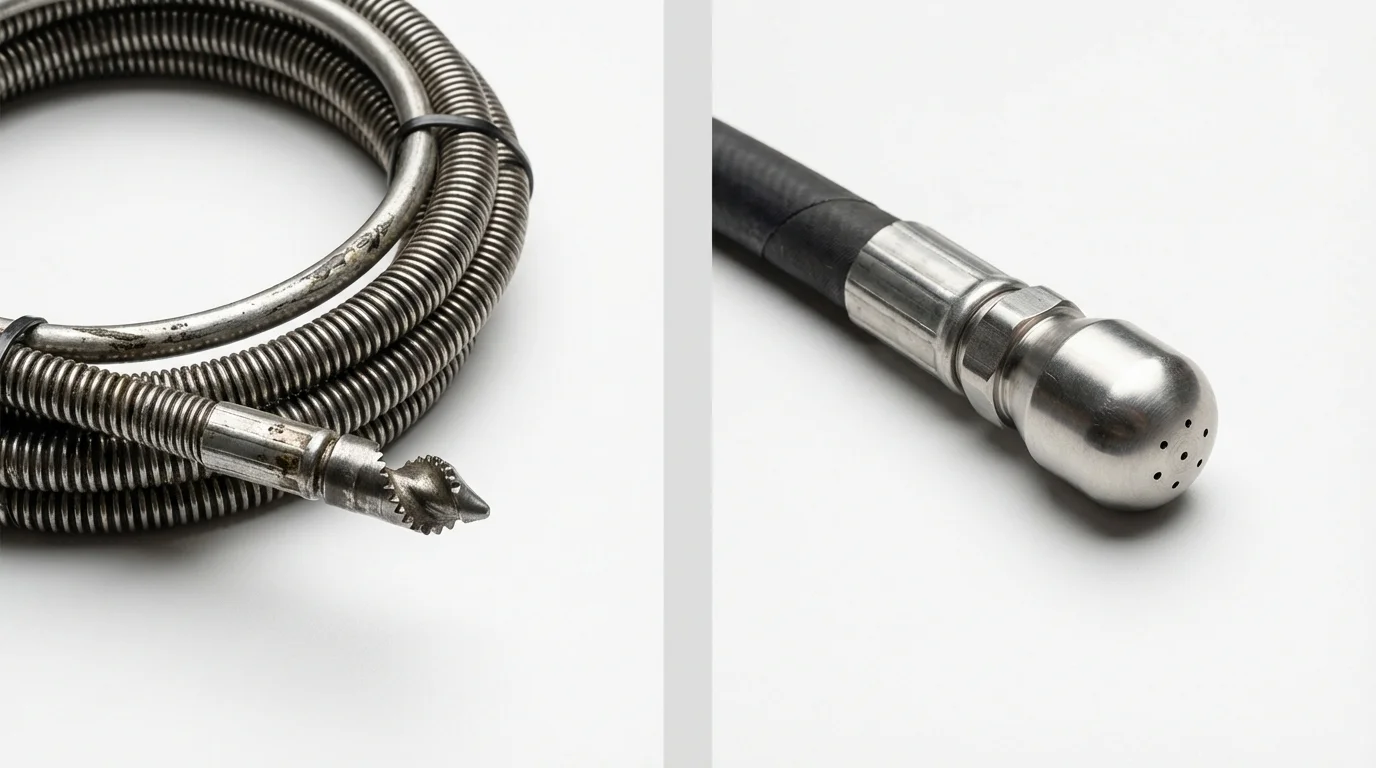 Drain snake cable and hydro jetting nozzle used for drain cleaning in Wallingford, CT