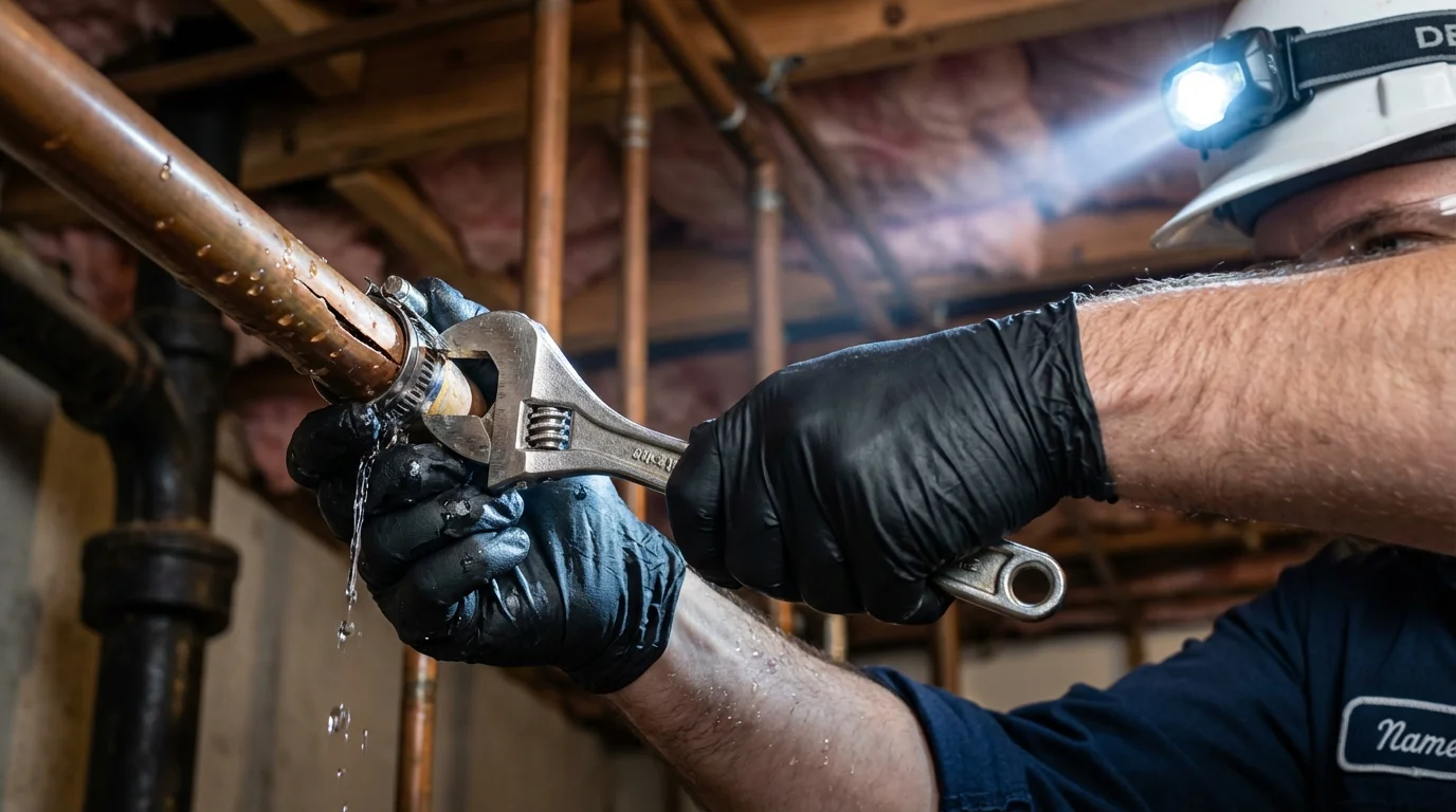 Emergency pipe clamp repair being performed by a Johns Plumbing LLC plumber in Wallingford
